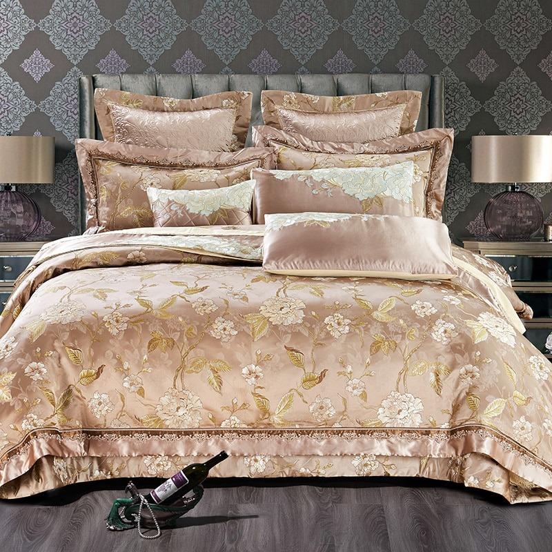 Luxury Bedding Sets Beige Embroidered Cotton Bedspread King Queen