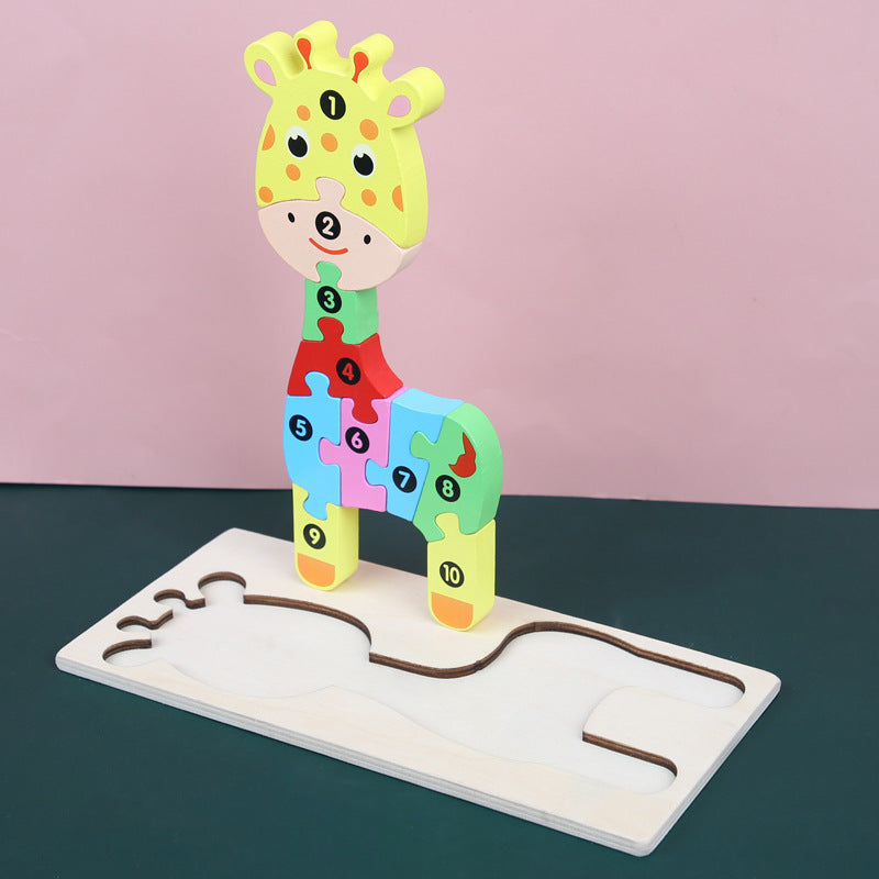 Children's Cartoon Number Animal Puzzle – Wooden 3D Fun