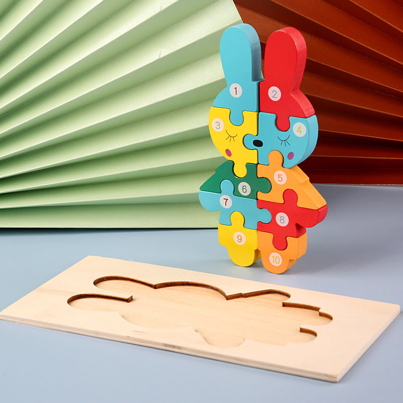 Children's Cartoon Number Animal Puzzle – Wooden 3D Fun