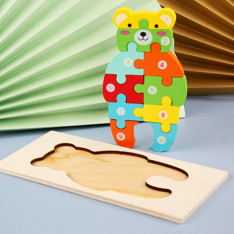 Children's Cartoon Number Animal Puzzle – Wooden 3D Fun