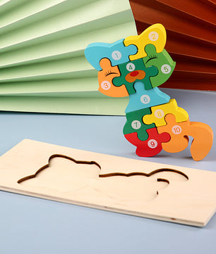 Children's Cartoon Number Animal Puzzle – Wooden 3D Fun