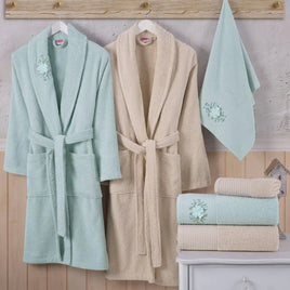 Hobby Line - Cotton Bathrobe Set - S. Green Cream - Lusy Store LLC 