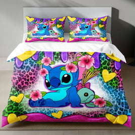 Stitch Bed Set - Lilo & Stitch Bedding Set/Quilt Set - Cute Luxury Flower - Linen Duvet Cover and Pillowcase