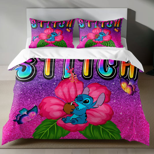 Stitch Bed Set - Lilo & Stitch Bedding Set/Quilt Set - Classic Luxury Flowers - Linen Duvet Cover and Pillowcase