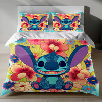 Stitch Bed Set - Lilo and Stitch Bedding Set/Quilt Set - Classic Flowers Cute Stitch - Linen Duvet Cover and Pillowcase