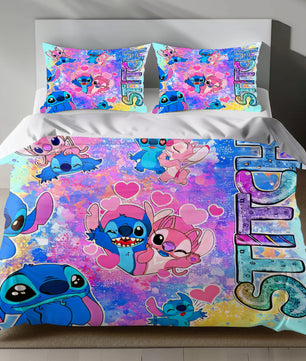 Stitch Bed Set - Lilo and Stitch Bedding Set/Quilt Set - Lovely Angel and Stitch - Linen Duvet Cover and Pillowcase