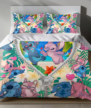 Stitch Bed Set - Lilo and Stitch Bedding Set/Quilt Set - Lovely Angel and Stitch - Linen Duvet Cover and Pillowcase