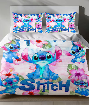 Stitch Bed Set - Lilo and Stitch Bedding Set/Quilt Set - Spring Flower Pattern - Linen Duvet Cover and Pillowcase