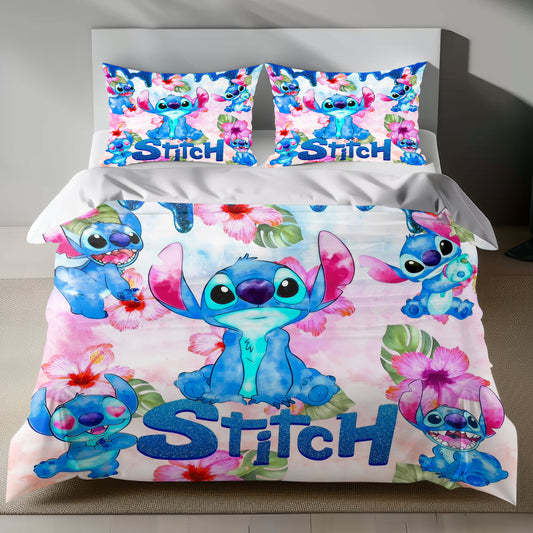 Stitch Bed Set - Lilo and Stitch Bedding Set/Quilt Set - Spring Flower Pattern - Linen Duvet Cover and Pillowcase