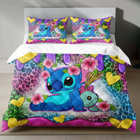 Stitch Bed Set - Lilo & Stitch Bedding Set/Quilt Set - Cute Luxury Flower - Linen Duvet Cover and Pillowcase