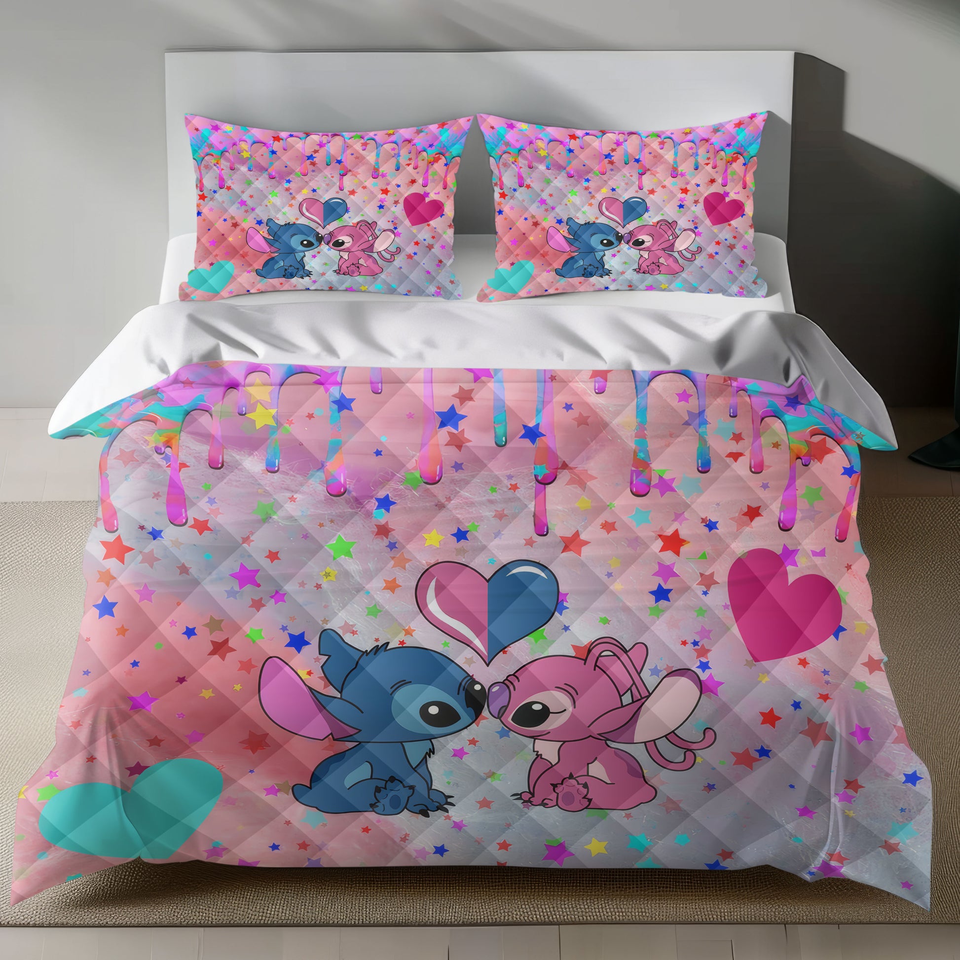 Stitch Bed Set - Lilo and Stitch Bedding Set/Quilt Set - Angel and Stitch Cute Adorable - Linen Duvet Cover and Pillowcase