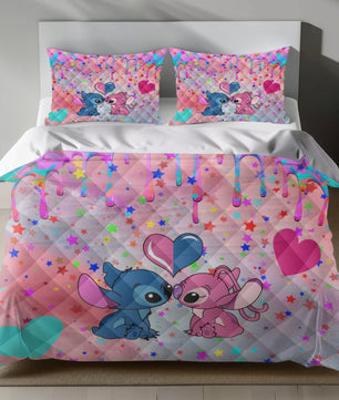 Stitch Bed Set - Lilo and Stitch Bedding Set/Quilt Set - Angel and Stitch Cute Adorable - Linen Duvet Cover and Pillowcase