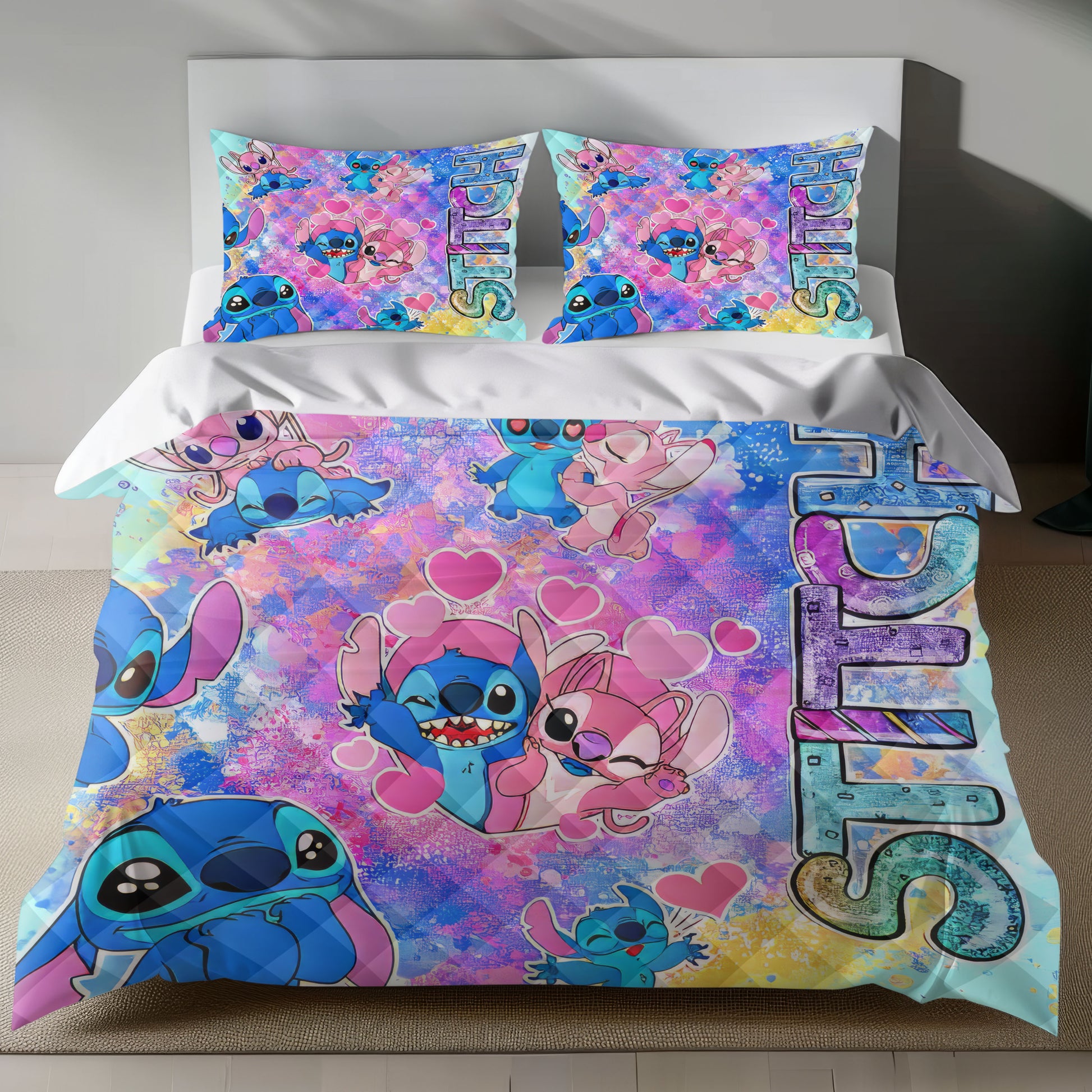 Stitch Bed Set - Lilo and Stitch Bedding Set/Quilt Set - Lovely Angel and Stitch - Linen Duvet Cover and Pillowcase