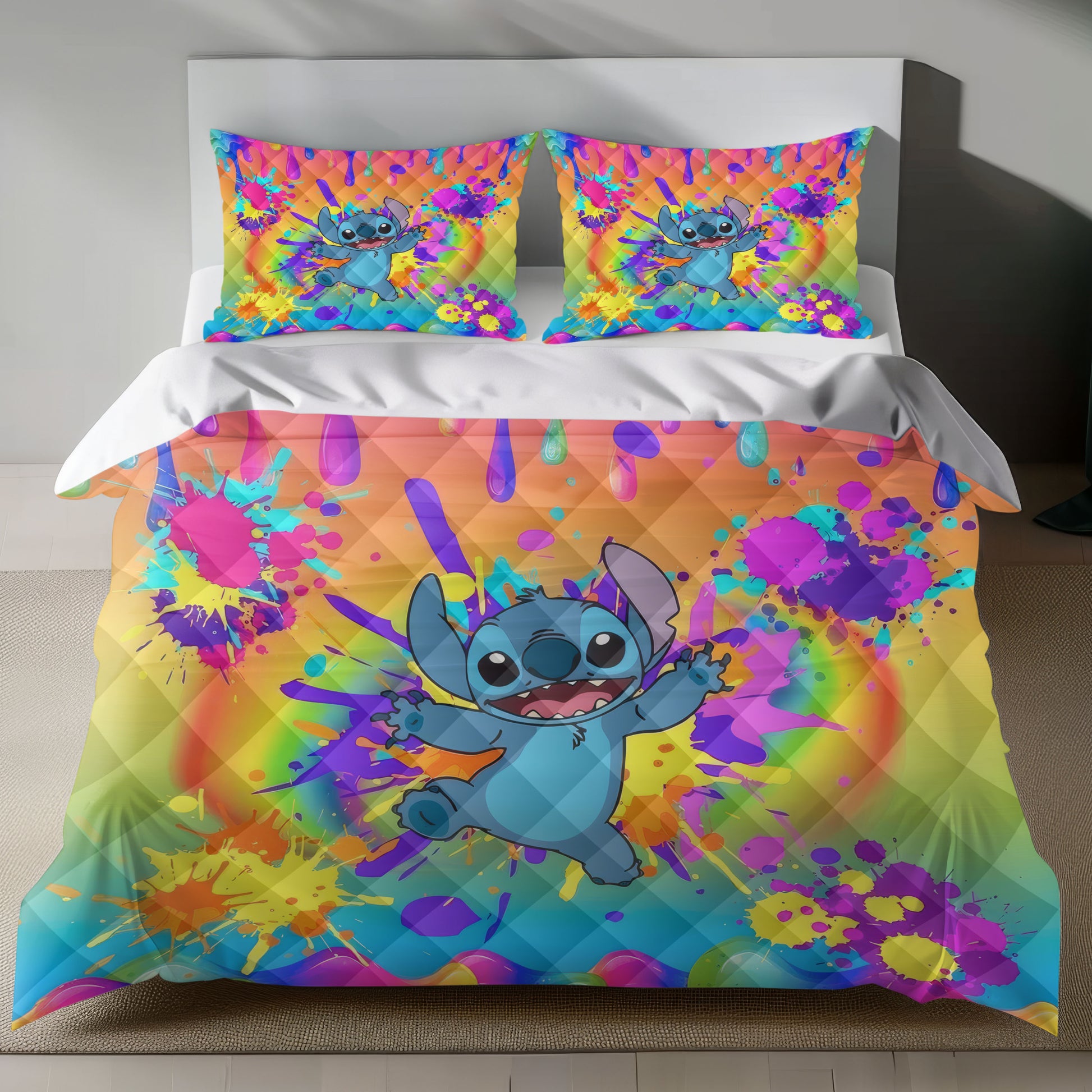 Stitch Bed Set - Lilo and Stitch Bedding Set/Quilt Set - Colorful Cute Stitch - Linen Duvet Cover and Pillowcase