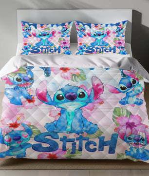 Stitch Bed Set - Lilo and Stitch Bedding Set/Quilt Set - Spring Flower Pattern - Linen Duvet Cover and Pillowcase