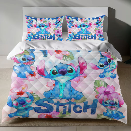 Stitch Bed Set - Lilo and Stitch Bedding Set/Quilt Set - Spring Flower Pattern - Linen Duvet Cover and Pillowcase