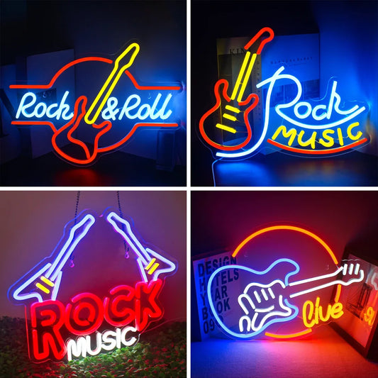 Rock Roll Neon Signs Guitar Music Led Neon Wall Decor for Game Room Music Party Rock Studio Bar Disco