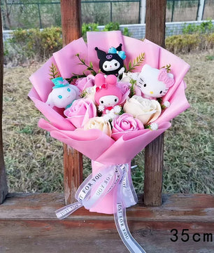 Hello Kitty Kuromi Melody Plush Bouquet Anime Fluffy Stuffed Plush Doll Valentine Day Holiday Gift