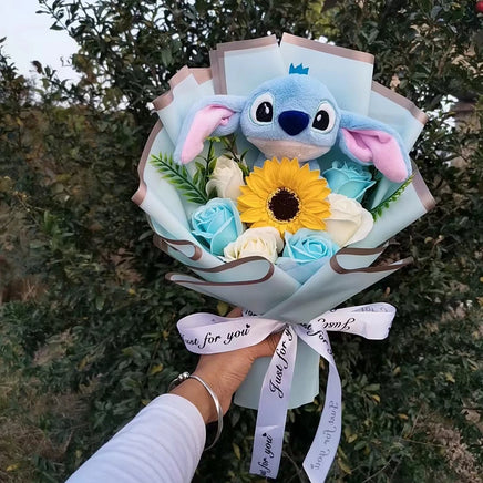 Lilo Stitch Plush Doll Toys With Soap Rose Flower Bouquet Stuffed Animals Home Decoration Valentine Gift