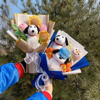 Snoopys Doll With Artificial Flowers Stuffed Toy Anime Figures Creative Handmade Bouquet Valentine Graduation Gifts