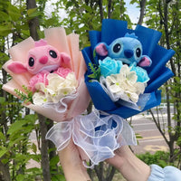 Stitch Winnie the Pooh SpongeBob Plush Toy With Flowers Creative Handmade Bouquet Valentine Christmas Graduation Gift