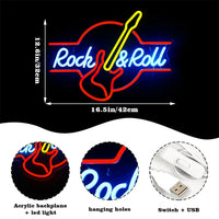 Rock Roll Neon Signs Guitar Music Led Neon Wall Decor for Game Room Music Party Rock Studio Bar Disco