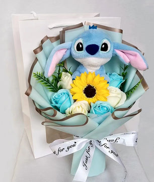 Lilo Stitch Plush Doll Toys With Soap Rose Flower Bouquet Stuffed Animals Home Decoration Valentine Gift