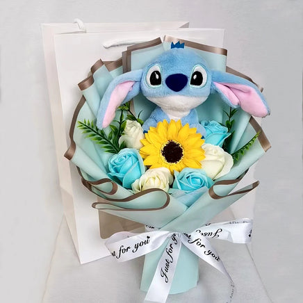 Lilo Stitch Plush Doll Toys With Soap Rose Flower Bouquet Stuffed Animals Home Decoration Valentine Gift