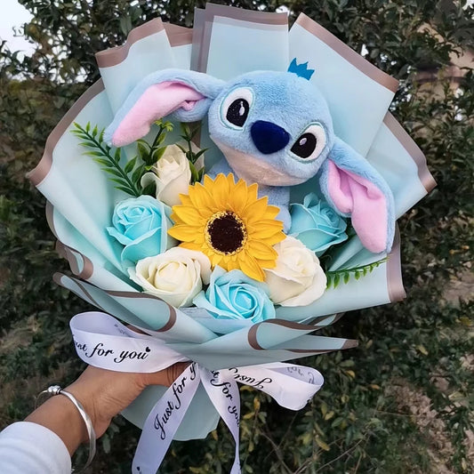 Lilo Stitch Plush Doll Toys With Soap Rose Flower Bouquet Stuffed Animals Home Decoration Valentine Gift