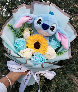 Lilo Stitch Plush Doll Toys With Soap Rose Flower Bouquet Stuffed Animals Home Decoration Valentine Gift