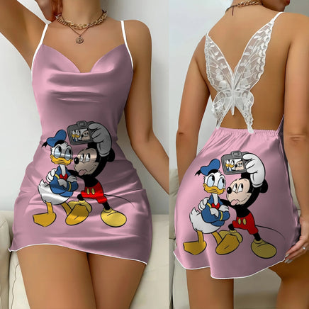 Backless Dress Mickey Minnie Mouse Pajama Skirt Womens Dresses Bow Knot Satin Surface Fashion - Lusy Store LLC