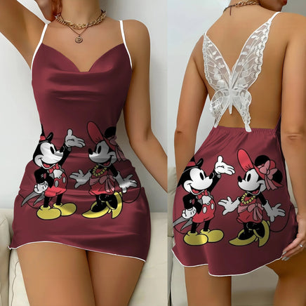 Backless Dress Mickey Minnie Mouse Pajama Skirt Womens Dresses Bow Knot Satin Surface Fashion - Lusy Store LLC