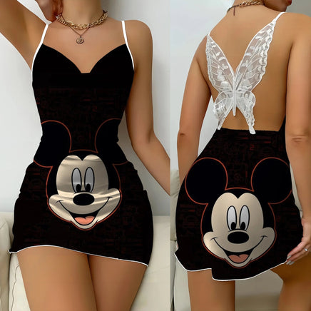 Backless Dress Mickey Minnie Mouse Pajama Skirt Womens Dresses Bow Knot Satin Surface Fashion - Lusy Store LLC