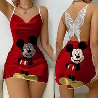 Backless Dress Mickey Minnie Mouse Pajama Skirt Womens Dresses Bow Knot Satin Surface Fashion - Lusy Store LLC