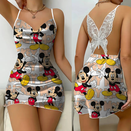 Backless Dress Mickey Minnie Mouse Pajama Skirt Womens Dresses Bow Knot Satin Surface Fashion - Lusy Store LLC