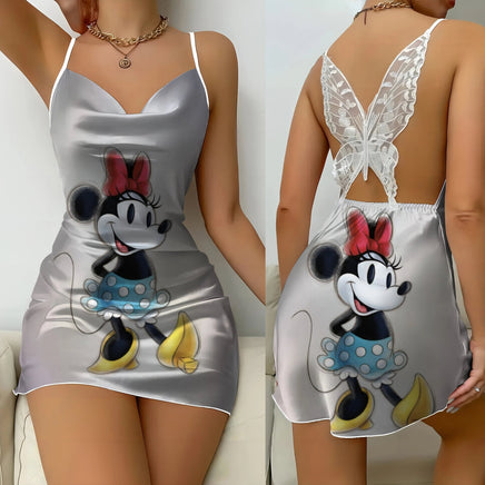 Backless Dress Mickey Minnie Mouse Pajama Skirt Womens Dresses Bow Knot Satin Surface Fashion - Lusy Store LLC