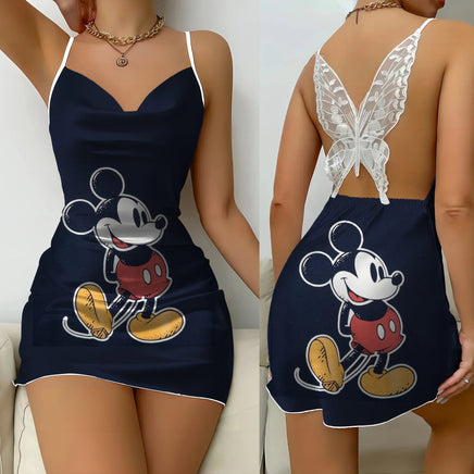 Backless Dress Mickey Minnie Mouse Pajama Skirt Womens Dresses Bow Knot Satin Surface Fashion - Lusy Store LLC