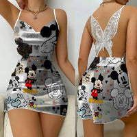 Backless Dress Mickey Minnie Mouse Pajama Skirt Womens Dresses Bow Knot Satin Surface Fashion - Lusy Store LLC