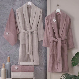 Hobby Line - Cotton Bathrobe Set - Rose Red Beige - Lusy Store LLC 