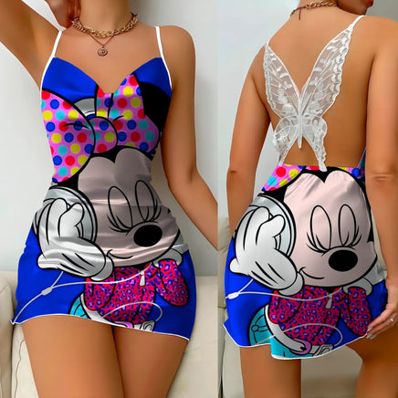 Bow Knot Backless Dress Sexy Dresses Mickey Minnie Mouse Pajama Skirt Satin Surface Womens Fashion - Lusy Store LLC