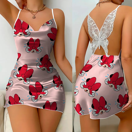 Bow Knot Backless Dress Sexy Dresses Mickey Minnie Mouse Pajama Skirt Satin Surface Womens Fashion - Lusy Store LLC