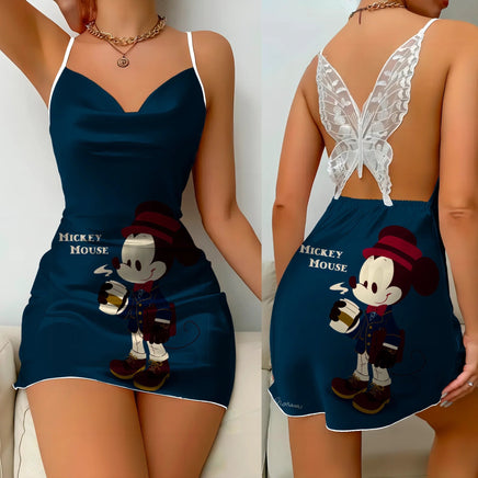 Bow Knot Backless Dress Sexy Dresses Mickey Minnie Mouse Pajama Skirt Satin Surface Womens Fashion - Lusy Store LLC