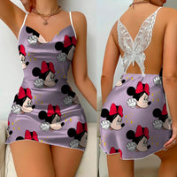 Bow Knot Backless Dress Sexy Dresses Mickey Minnie Mouse Pajama Skirt Satin Surface Womens Fashion - Lusy Store LLC