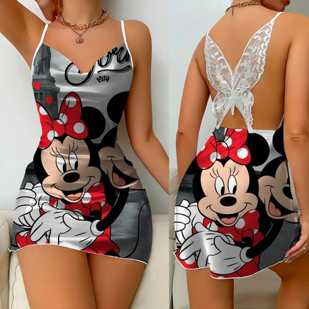 Bow Knot Backless Dress Sexy Dresses Mickey Minnie Mouse Pajama Skirt Satin Surface Womens Fashion - Lusy Store LLC