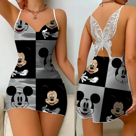 Bow Knot Backless Dress Sexy Dresses Mickey Minnie Mouse Satin Surface Pajama Skirt Womens Fashion - Lusy Store LLC