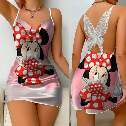 Bow Knot Backless Dress Sexy Dresses Mickey Minnie Mouse Satin Surface Pajama Skirt Womens Fashion - Lusy Store LLC