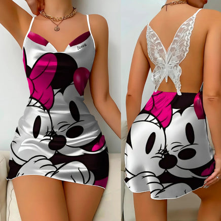 Bow Knot Backless Dress Sexy Dresses Mickey Minnie Mouse Satin Surface Pajama Skirt Womens Fashion - Lusy Store LLC