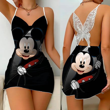 Bow Knot Backless Dress Sexy Dresses Mickey Minnie Mouse Satin Surface Pajama Skirt Womens Fashion - Lusy Store LLC