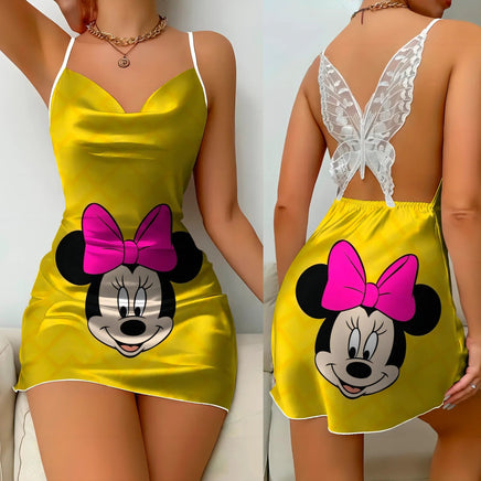 Bow Knot Backless Dress Sexy Dresses Mickey Minnie Mouse Satin Surface Pajama Skirt Womens Fashion - Lusy Store LLC