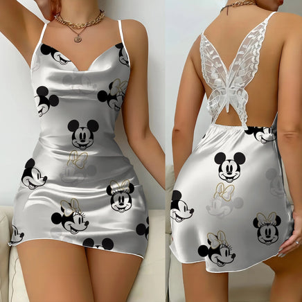 Bow Knot Minnie Mouse Backless Dress Sexy Dresses Pajama Skirt Satin Surface Mickey Womens Fashion - Lusy Store LLC